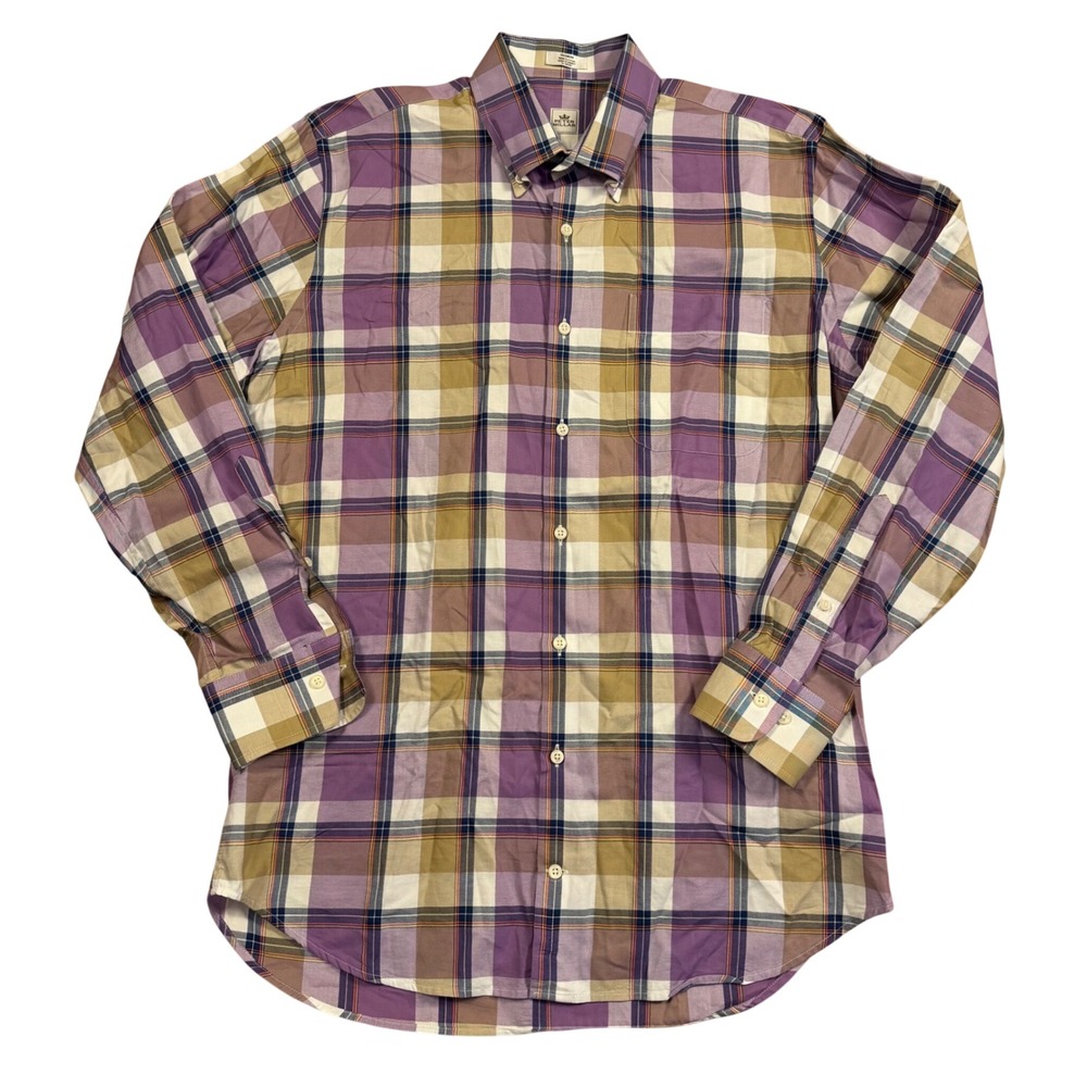 Peter Millar Mens Plaid Button Down Shirt Purple‎ Tan MS12W11 Medium Cotton